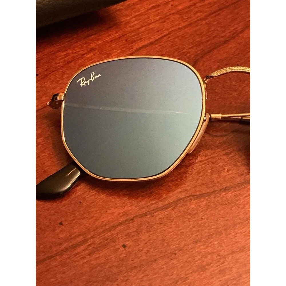 Ray-Ban Hexagonal Flat Lenses Gold RB 3548-N Blue Mirror 51mm Frame Case 26